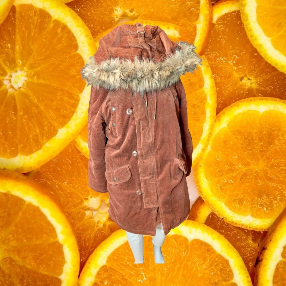 American Eagle Womens Small Rust Orange Corduroy Faux Fur Hood Parka Jacket Coat